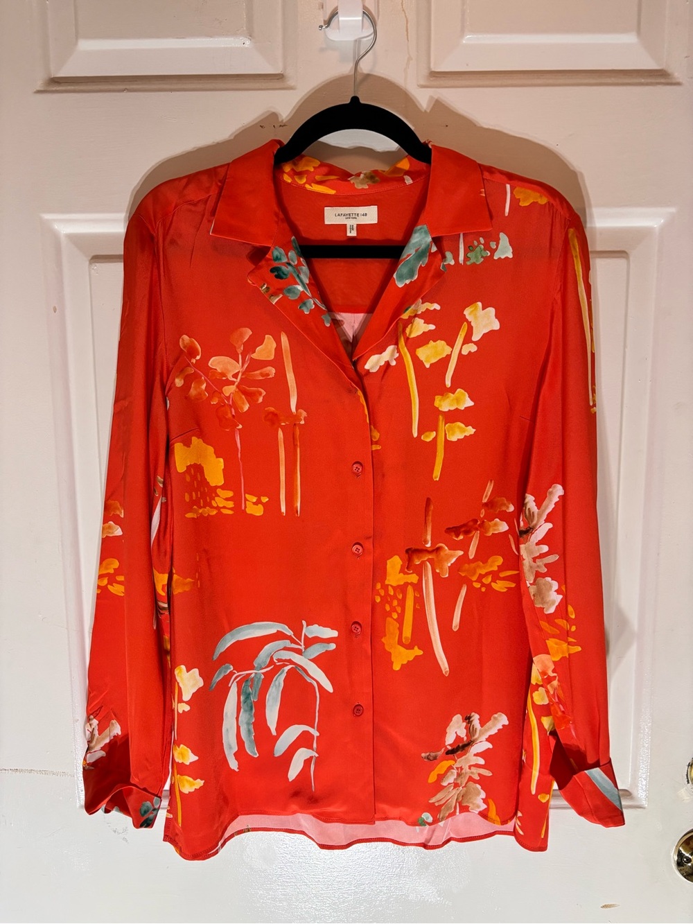 Lafayette 148 Rigby Blouse Bright Red Floral Button-Up Blouse Size M